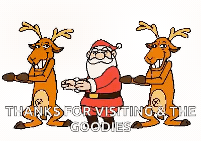 A Cartoon Of Santa Claus And Two Reindeer Dancing Together . GIF