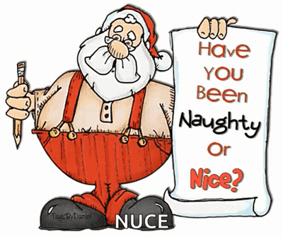 A Cartoon Of Santa Claus Holding A Pencil And A Scroll That Says " Have You Been Naughty Or Nice " GIF