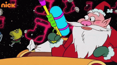 A Cartoon Of Santa Claus Holding A Water Gun With A Nick Logo Behind Him GIF