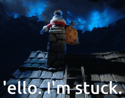 A Cartoon Of Santa Claus On A Chimney With The Words " Hello I 'M Stuck " GIF