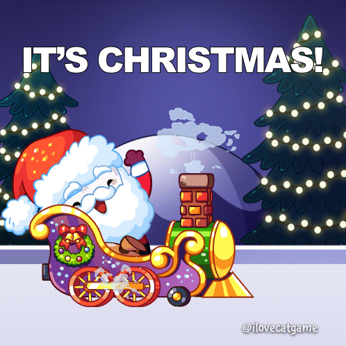 A Cartoon Of Santa Claus On A Train With The Words It 'S Christmas Below Him GIF
