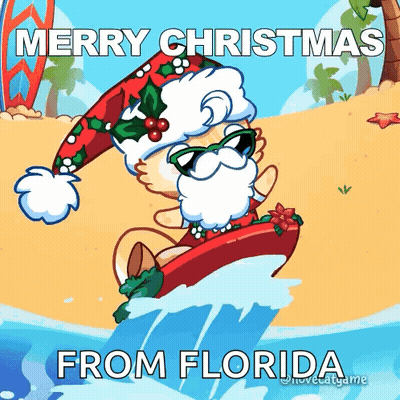 A Cartoon Of Santa Claus Riding A Surfboard In The Ocean With The Words Merry Christmas From Florida GIF