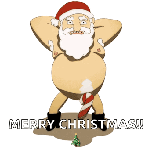 A Cartoon Of Santa Claus With A Candy Cane In His Butt And The Words Merry Christmas GIF