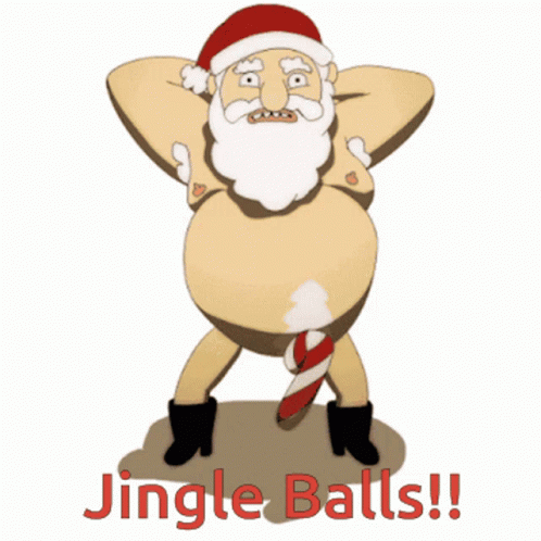 A Cartoon Of Santa Claus With A Candy Cane In His Penis And The Words Jingle Balls Below Him GIF