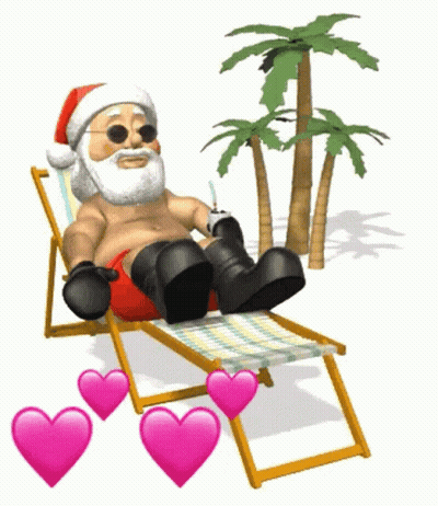 A Cartoon Of Santa Sitting In A Beach Chair With Hearts Around Him GIF