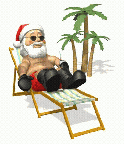 A Cartoon Of Santa Sitting On A Beach Chair GIF