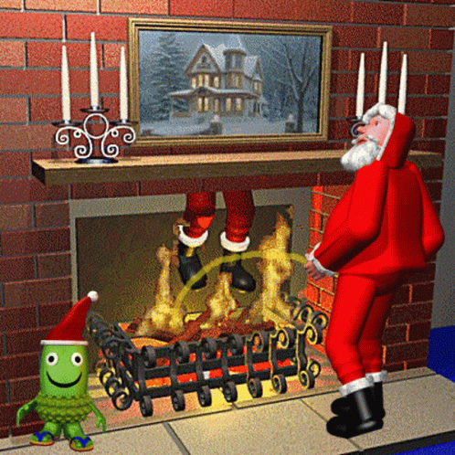 A Cartoon Of Santa Standing In Front Of A Fireplace With Candles GIF