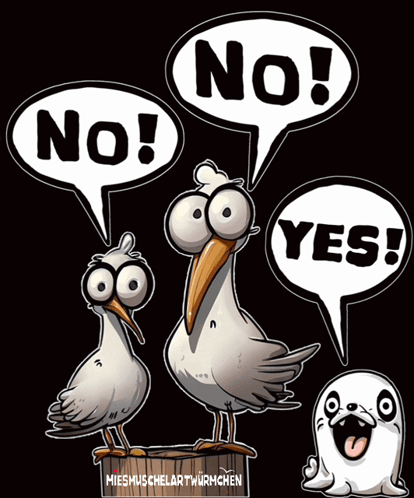 A Cartoon Of Seagulls Saying No Yes And No GIF