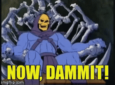 A Cartoon Of Skeletor Sitting On A Throne Of Bones With The Words Now Dammit GIF