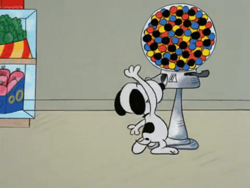A Cartoon Of Snoopy And A Gumball Machine GIF