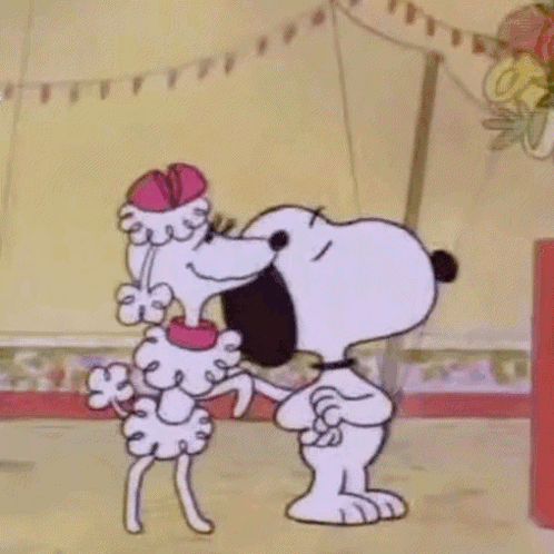 A Cartoon Of Snoopy And A Poodle Kissing Each Other . GIF