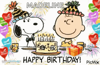 A Cartoon Of Snoopy And Charlie Brown Celebrating Madeline 'S Birthday GIF