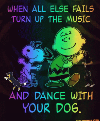 A Cartoon Of Snoopy And Charlie Brown Dancing With A Dog GIF