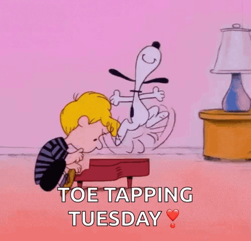 A Cartoon Of Snoopy And Charlie Brown Playing A Piano With The Words `` Toe Tapping Tuesday '' Below Them . GIF