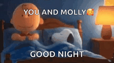 A Cartoon Of Snoopy And Charlie Brown Sleeping In A Bed With The Words You And Molly Good Night GIF