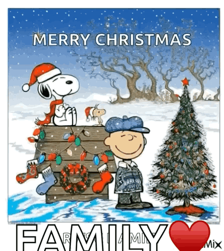 A Cartoon Of Snoopy And Charlie Brown Standing Next To A Christmas Tree GIF
