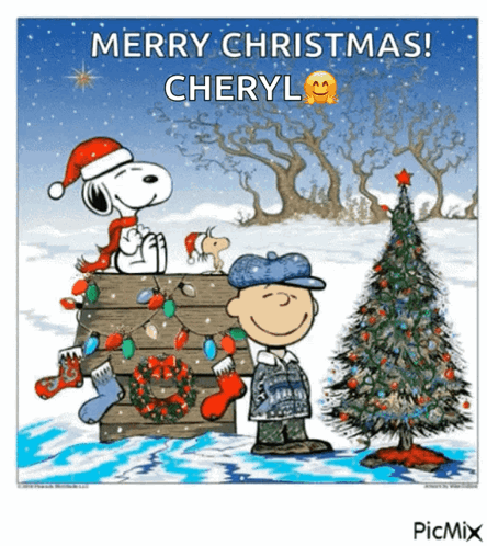 A Cartoon Of Snoopy And Charlie Brown Standing Next To A Christmas Tree With The Caption Merry Christmas Cheryl GIF
