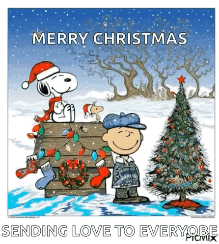 A Cartoon Of Snoopy And Charlie Brown Standing Next To A Christmas Tree GIF