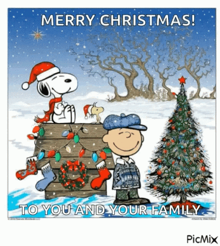 A Cartoon Of Snoopy And Charlie Brown Standing Next To A Christmas Tree GIF