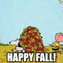A Cartoon Of Snoopy And Charlie Brown Standing Next To A Pile Of Leaves That Says Happy Fall ! GIF