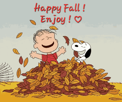 A Cartoon Of Snoopy And Linus Playing In A Pile Of Leaves With The Caption Happy Fall Enjoy GIF