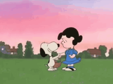 A Cartoon Of Snoopy And Lucy Kissing In A Field GIF