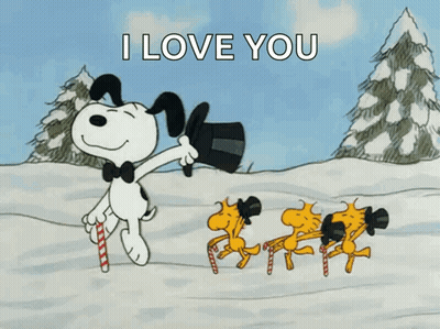 A Cartoon Of Snoopy And Woodstock Dancing In The Snow GIF