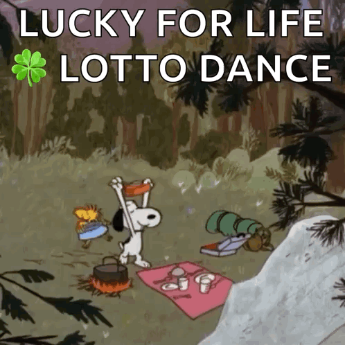 A Cartoon Of Snoopy And Woodstock Dancing With The Words Lucky For Life Lotto Dance Above Them GIF