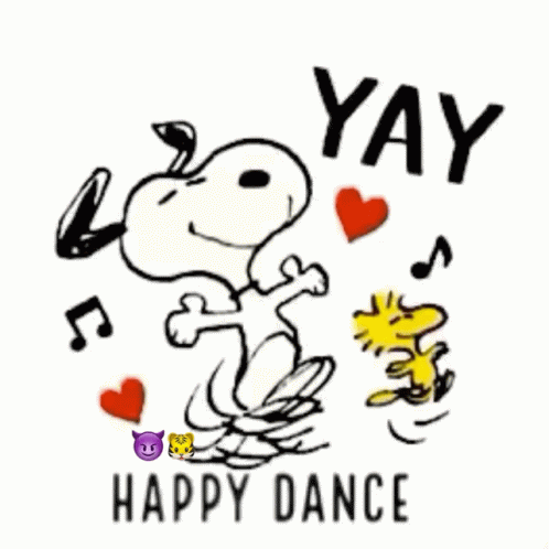 A Cartoon Of Snoopy And Woodstock Dancing With The Words Yay Happy Dance Above Them GIF