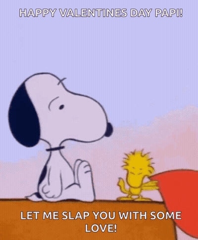 A Cartoon Of Snoopy And Woodstock Holding A Heart And Saying Happy Valentine 'S Day Papi GIF