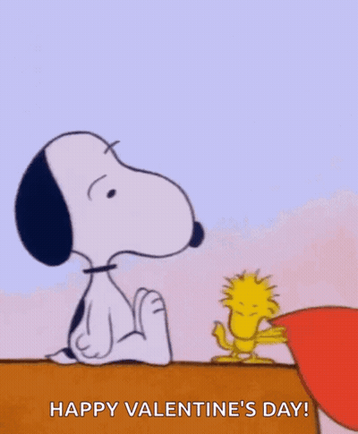 A Cartoon Of Snoopy And Woodstock Holding A Heart In Front Of Their Face . GIF