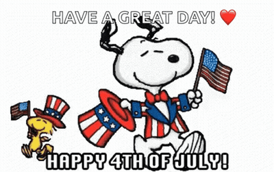 A Cartoon Of Snoopy And Woodstock Holding American Flags On A Red Background GIF