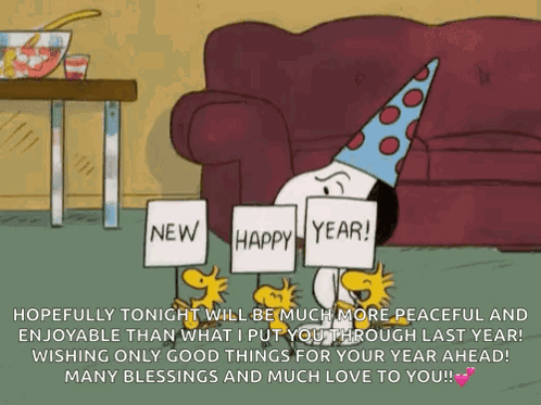 A Cartoon Of Snoopy And Woodstock Holding Signs That Say New And Happy Year GIF