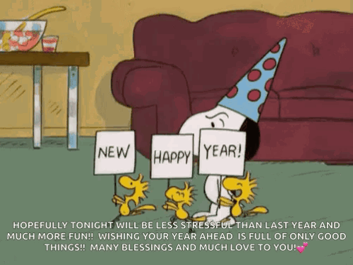 A Cartoon Of Snoopy And Woodstock Holding Signs That Say New And Happy Year GIF