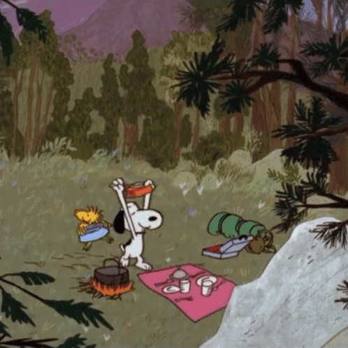 A Cartoon Of Snoopy And Woodstock In A Forest GIF