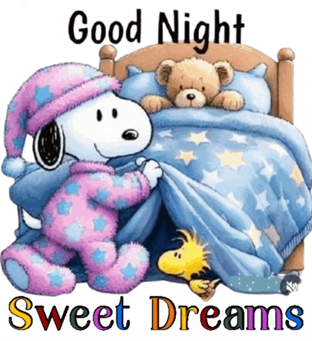 A Cartoon Of Snoopy And Woodstock Saying " Good Night Sweet Dreams " GIF