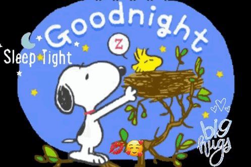 A Cartoon Of Snoopy And Woodstock Saying Goodnight GIF