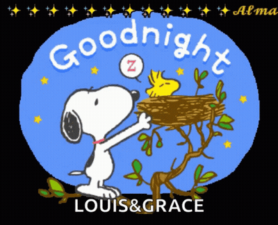 A Cartoon Of Snoopy And Woodstock Says Goodnight Louis & Grace GIF