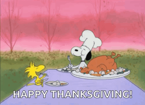 A Cartoon Of Snoopy And Woodstock Sitting At A Table With A Turkey On It . GIF