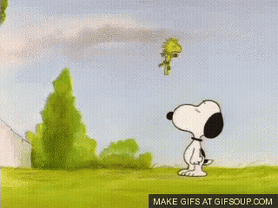 A Cartoon Of Snoopy And Woodstock Standing In A Grassy Field With Trees In The Background .. GIF