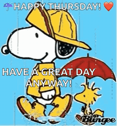 A Cartoon Of Snoopy And Woodstock Walking In The Rain GIF