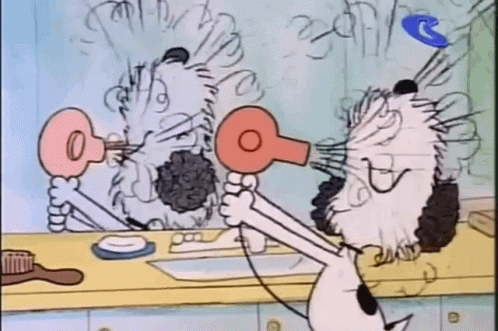 A Cartoon Of Snoopy Blow Drying His Hair In Front Of A Mirror In A Bathroom . GIF