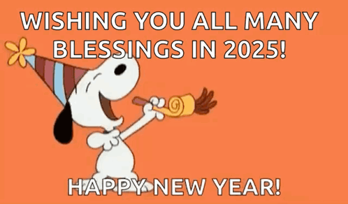 A Cartoon Of Snoopy Blowing A Horn With The Words Wishing You All Many Blessings In 2025 GIF