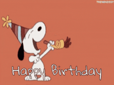 A Cartoon Of Snoopy Blowing A Party Horn And The Words Happy Birthday GIF