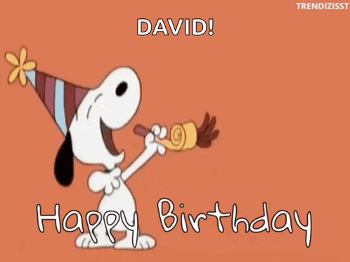A Cartoon Of Snoopy Blowing A Party Horn That Says David GIF