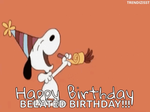 A Cartoon Of Snoopy Blowing A Party Horn That Says Happy Birthday Belated Birthday !!! GIF