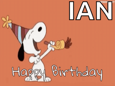 A Cartoon Of Snoopy Blowing A Party Horn With The Name Ian Below Him GIF