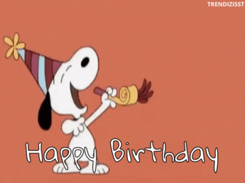 A Cartoon Of Snoopy Blowing A Party Horn With The Words Happy Birthday Underneath GIF