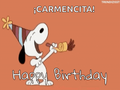 A Cartoon Of Snoopy Blowing A Party Horn With The Words Happy Birthday Written Below Him GIF