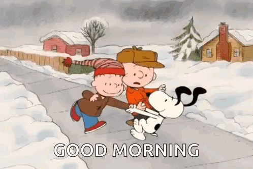 A Cartoon Of Snoopy , Charlie Brown , And A Dog Walking Down A Snowy Road . GIF